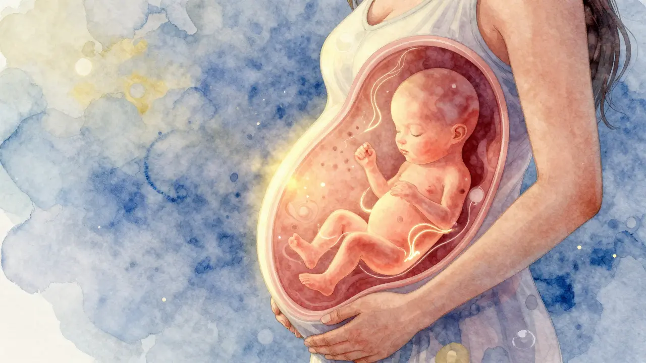 Umělecký obraz plodu v děloze během morfologického screeningu.