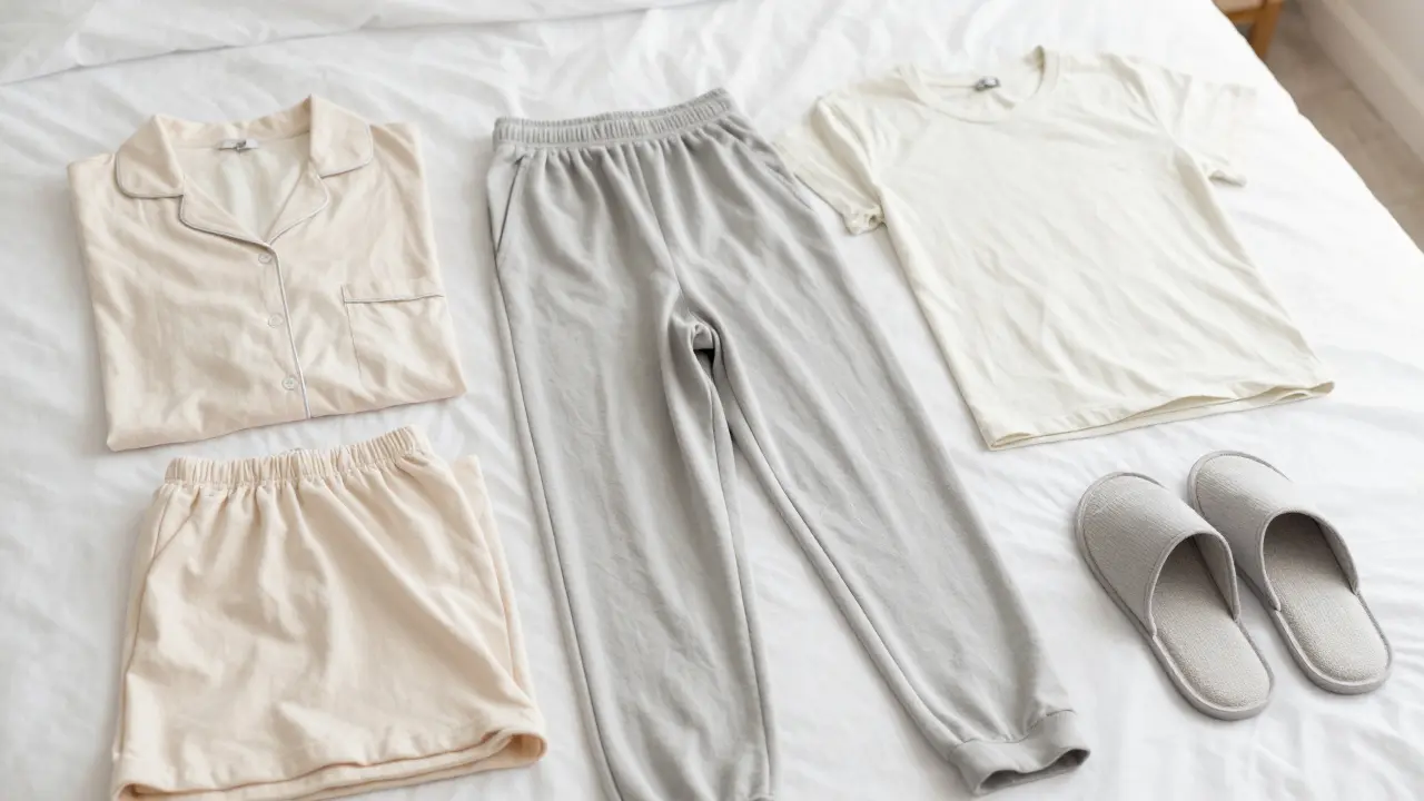 Volné bavlněné pyžamo a pantofle připravené na lůžku pro pohodlí po operaci.