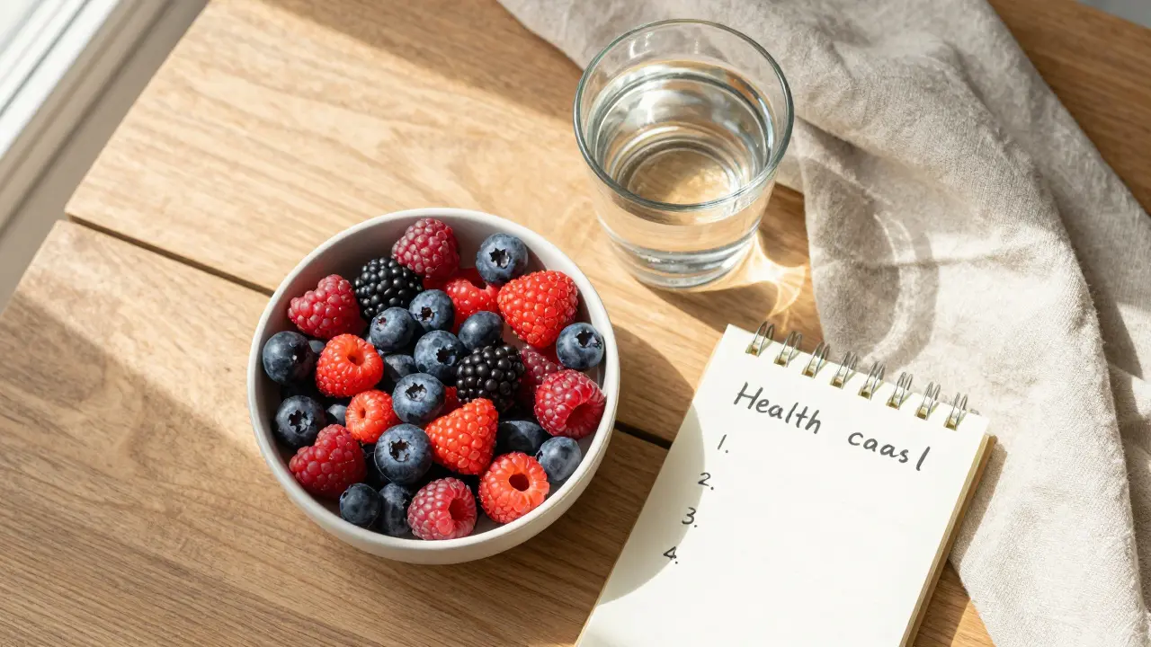 Zdravá strava s antioxidanty a poznámkový blok jako symbol péče o zdraví.