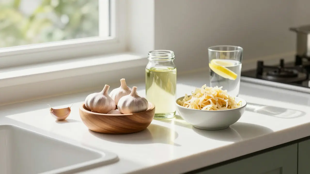 Zdravé potraviny jako česnek, kokosový olej a kysané zelí na světlé kuchyňské ploše.