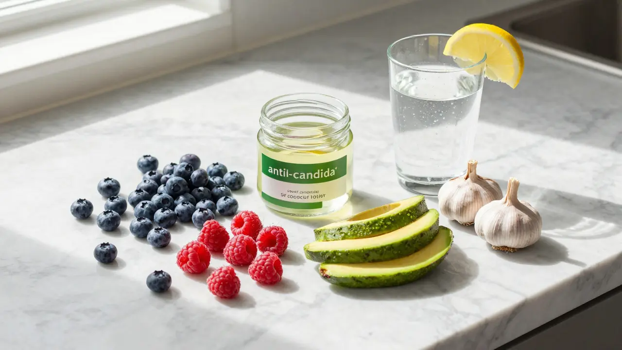 Zdravé potraviny proti kvasinkám: borůvky, avokádo, kokosový olej a česnek.
