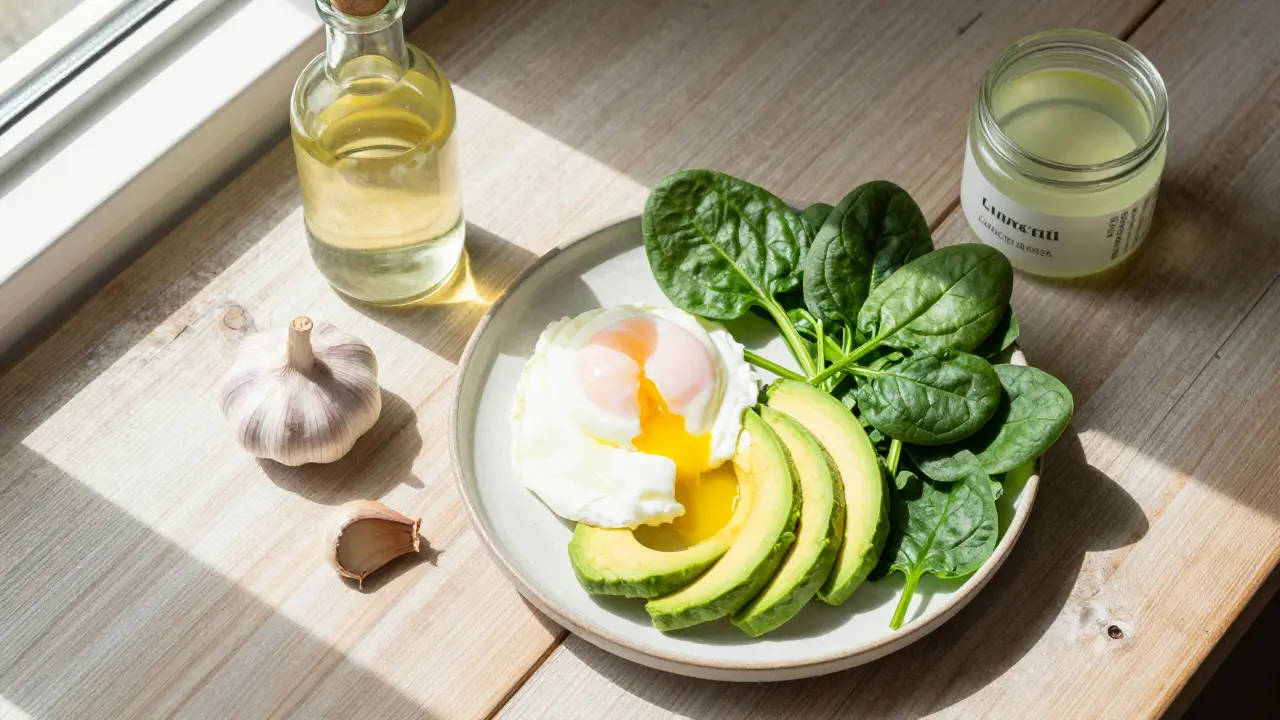 Zdravý talíř s vajíčkem, avokádem a špenátem vedle česneku a jablečného octa.