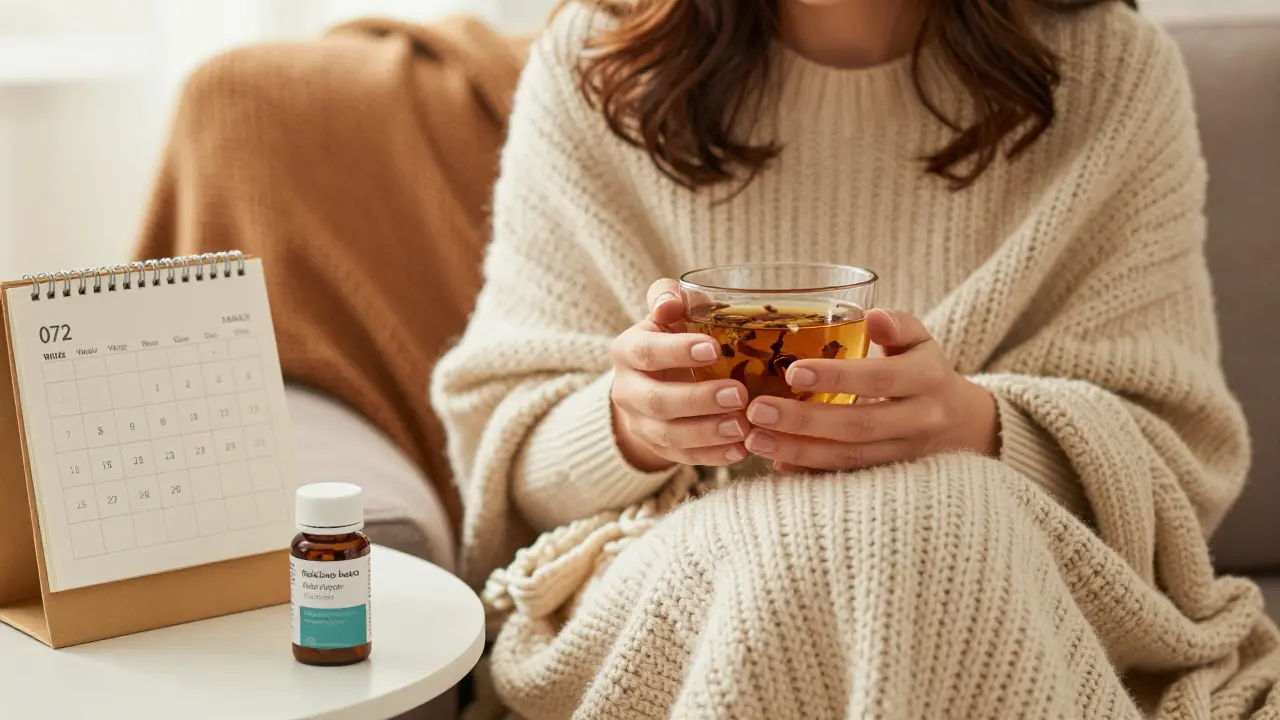 Žena odpočívající na pohovce s šálkem čaje a doplňky stravy.