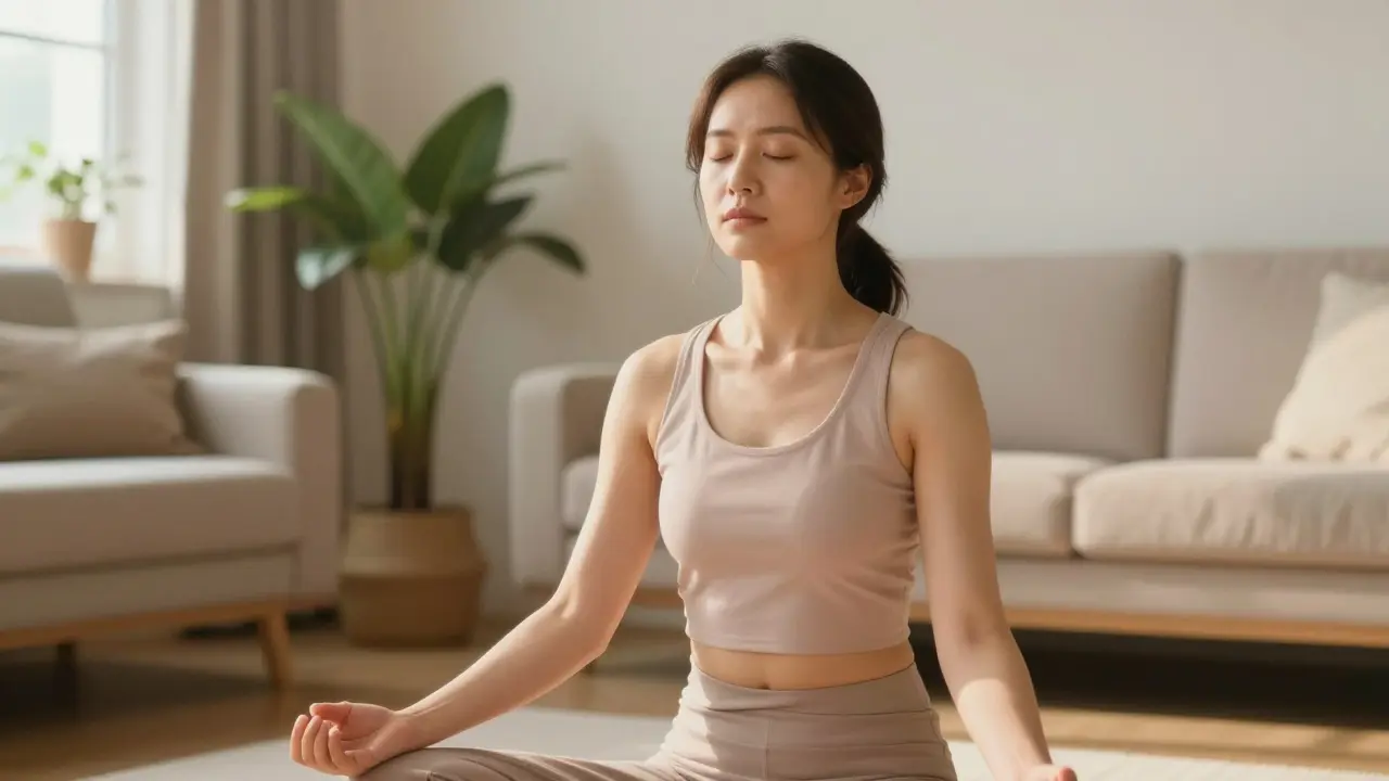 Žena v klidné pozici meditace pro snížení stresu a podporu imunity.