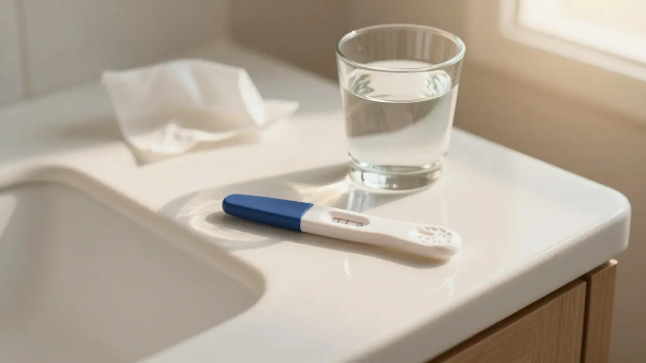 Domácí těhotenský test na koupelnovém pultu při západu slunce