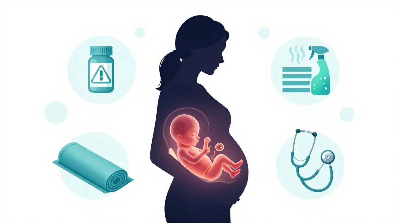 Konceptuální ilustrace ochrany plodu před léky a chemikáliemi