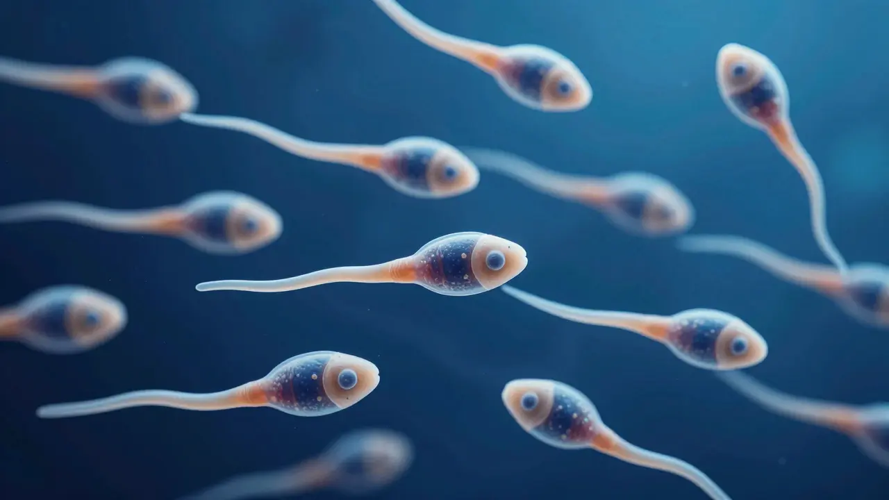 Makro vizualizace spermií plavajících se v tekutině, zdůrazňující pohyblivost a tvar