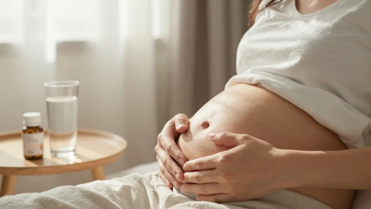 Žena s rukama na břiše, vedle ní vitamíny a voda v klidné atmosféře
