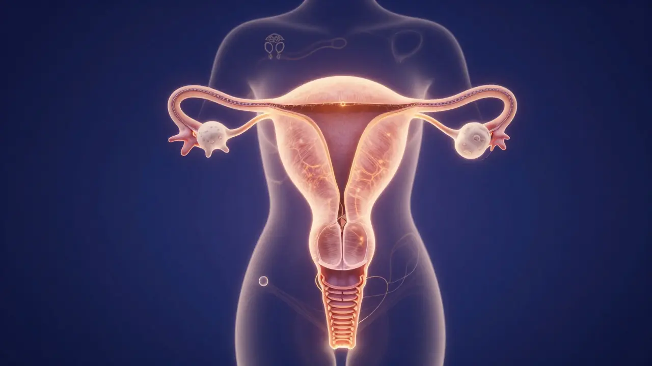 Abstraktní ilustrace hormonální rovnováhy a zdraví dělohy