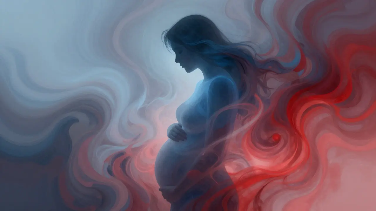 Abstraktní ilustrace hormonálních změn a emocí po porodu