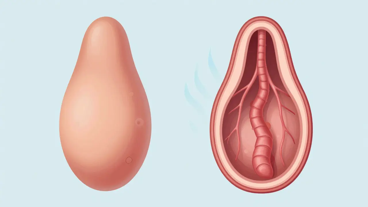 Anatomická ilustrace zdravého a zvětšeného varlata s žilkami