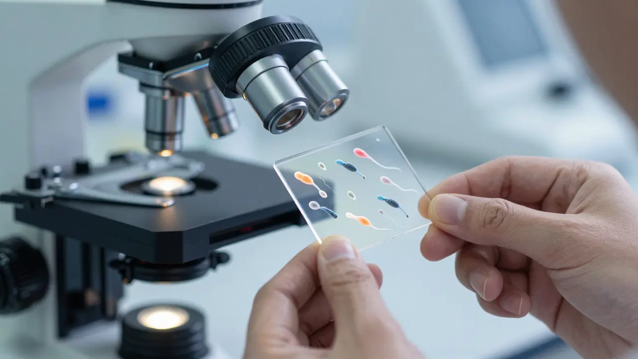 Vědec zkoumající spermie pod mikroskopem v laboratoři