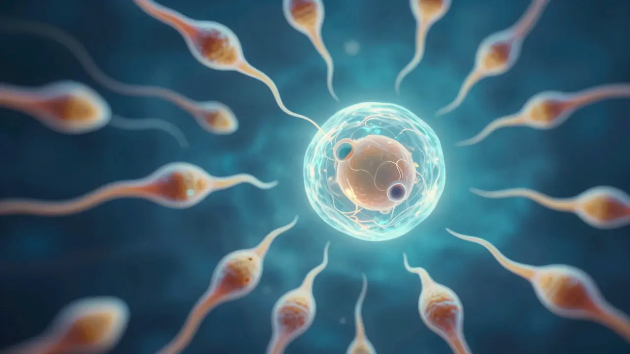 Abstraktní zobrazení spermií plávajících k vajíčku