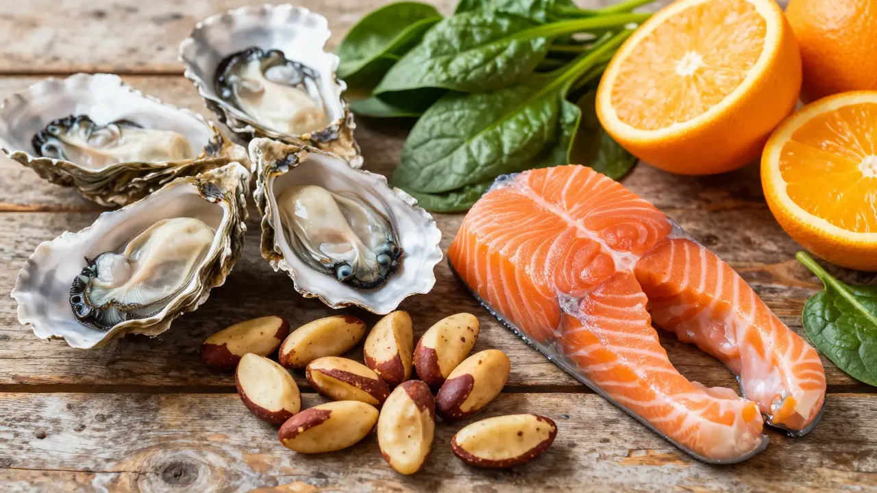Čerstvé potraviny bohaté na antioxidanty jako losos a ořechy