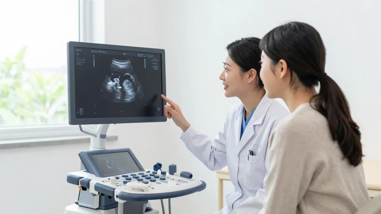 Gynekolog vysvětluje výsledky ultrazvuku pacientce
