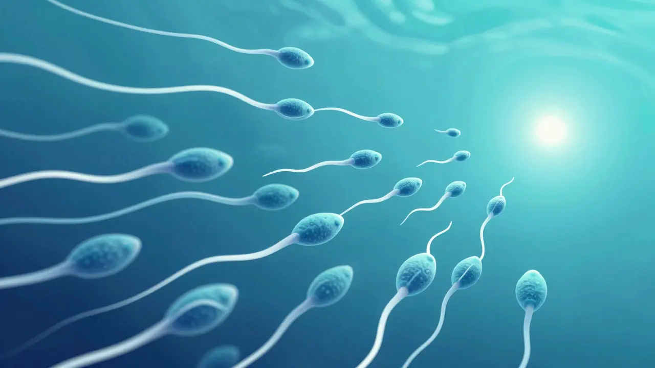Umělecká ilustrace plavajících spermií ve stylu mikroskopického pohledu
