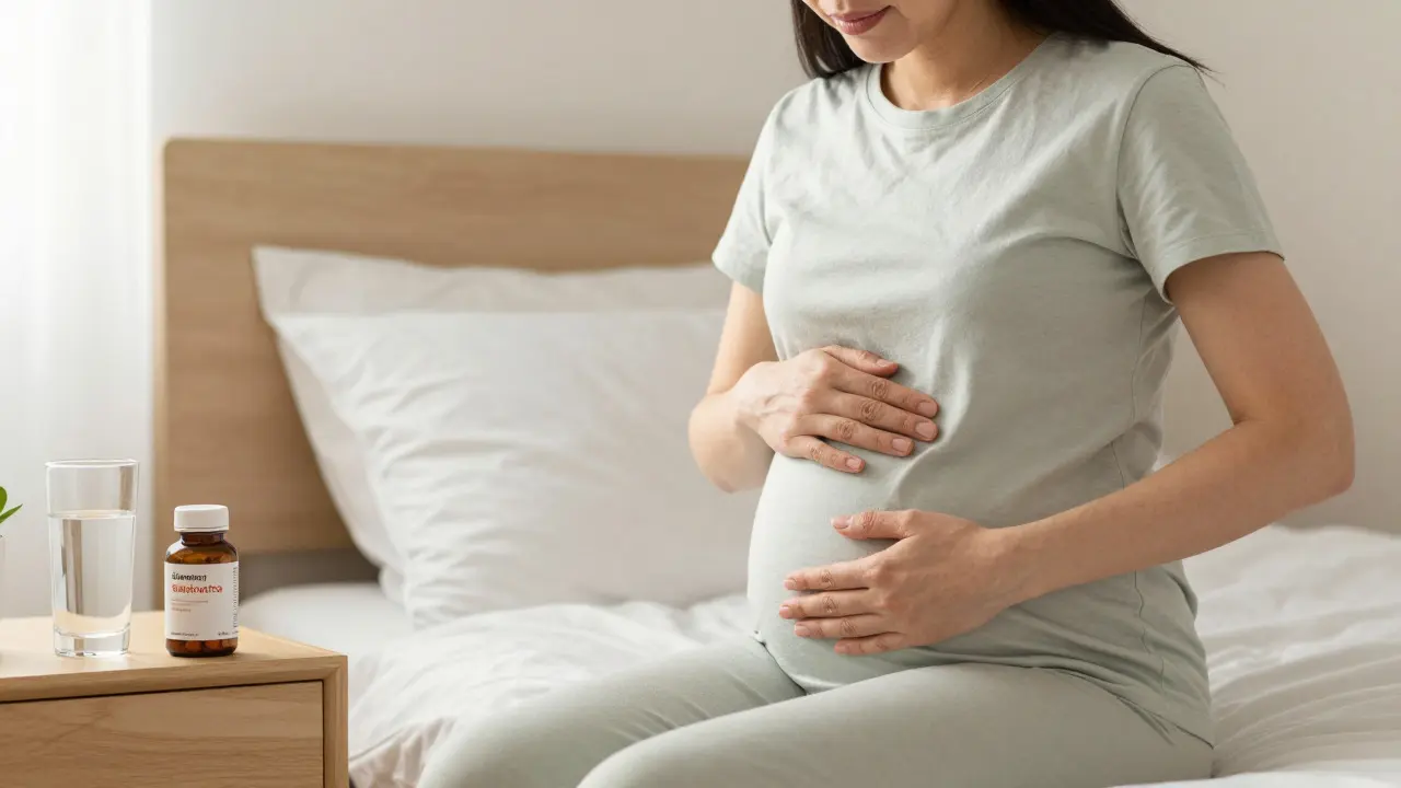 Žena drží břicho, vedle ní jsou vitamíny a sklenice vody