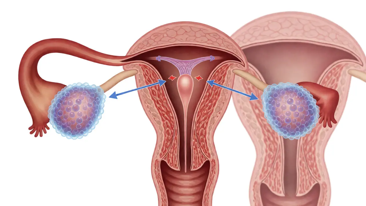 Lékařská ilustrace vaječníků s cystickými změnami při syndromu PCOS