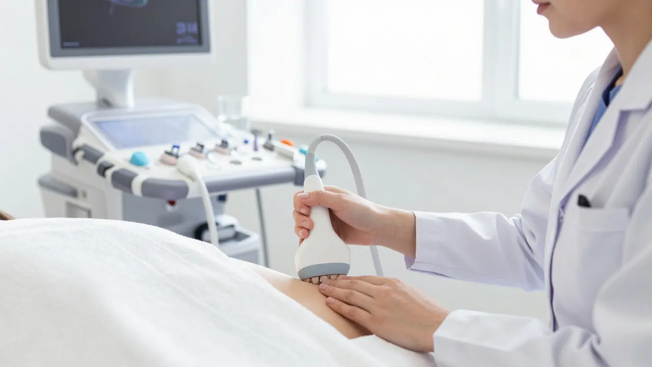 Lékařská ruka držící ultrazvukovou sondu během vyšetření v klinice