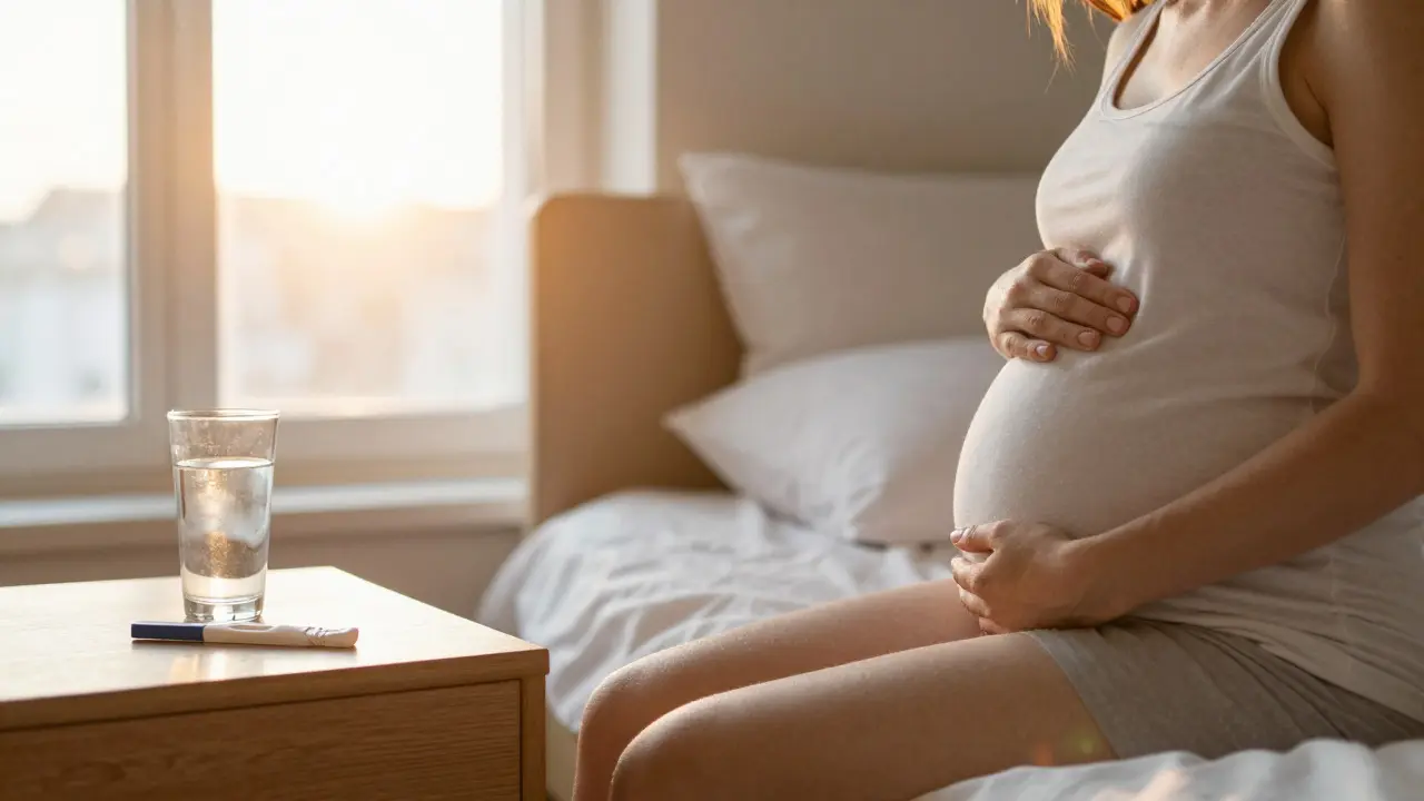 Tehotná žena odpočívá v ložnici za svitu ranního slunce