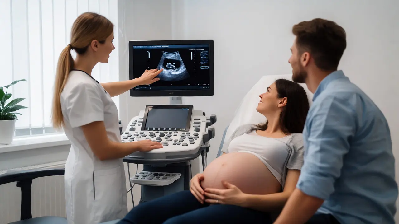 Lékař ukazuje na ultrazvukový monitor plodu před budoucí matkou a jejím partnerem.