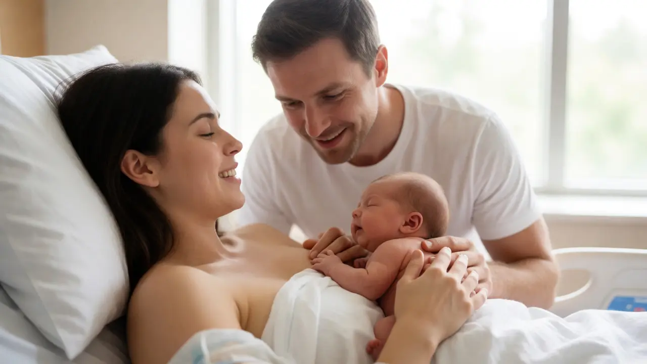 Mother holding newborn skin-to-skin after delivery