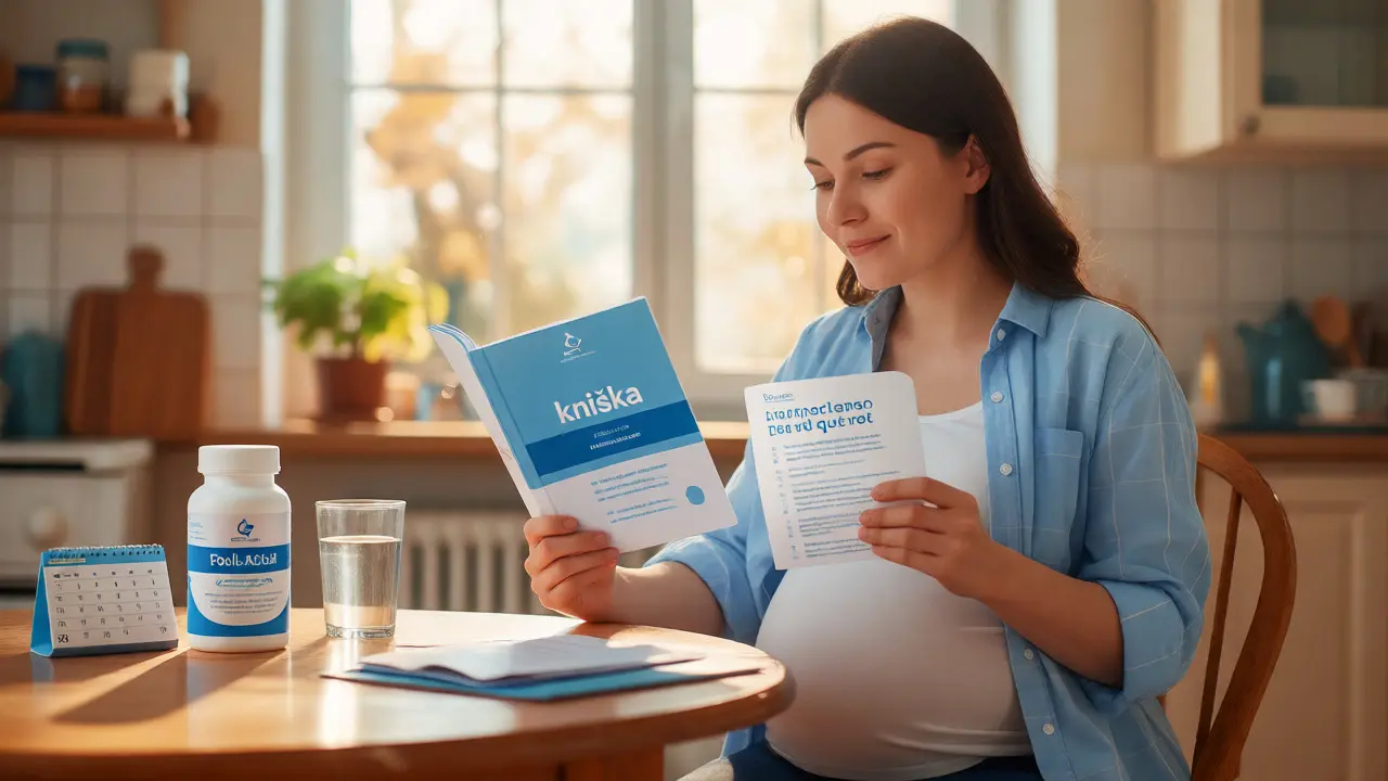 Těhotná žena sedí u stolu s prenatální knížkou a doplňky stravy při přípravě na návštěvu.