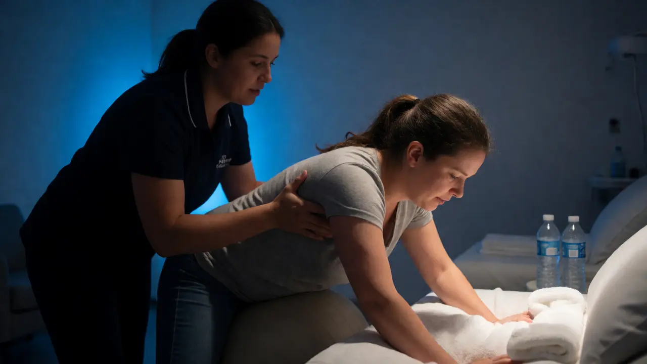 Woman in labor supported by midwife in birth center