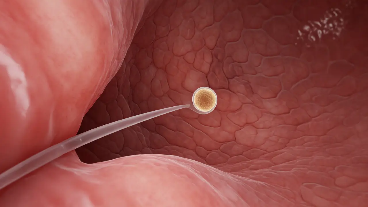 Detailní pohled na zavádění katétru s embryem do dělohy během procedury IVF.