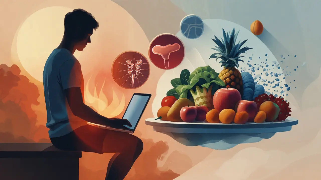 Ilustrace muže obklopeného symboly životního stylu ovlivňujícího kvalitu spermií.