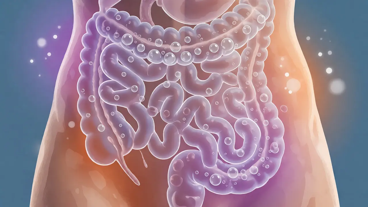 Ilustrace trávicího systému s plynem a hormonálními vlivy