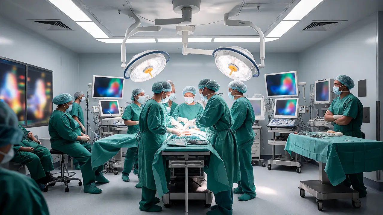 Lékařský tým provádí císařský řez v operačním sále