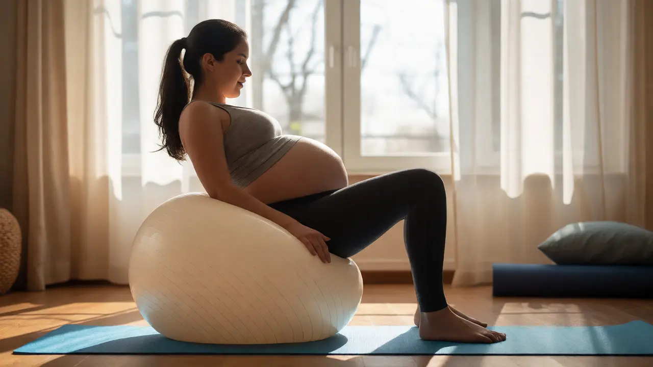 Těhotná žena cvičí na gymnastickém míči pro usazení plodu
