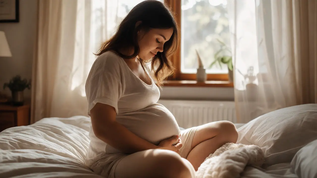 Těhotná žena klidně sedící na posteli a vnímající signály svého těla před porodem