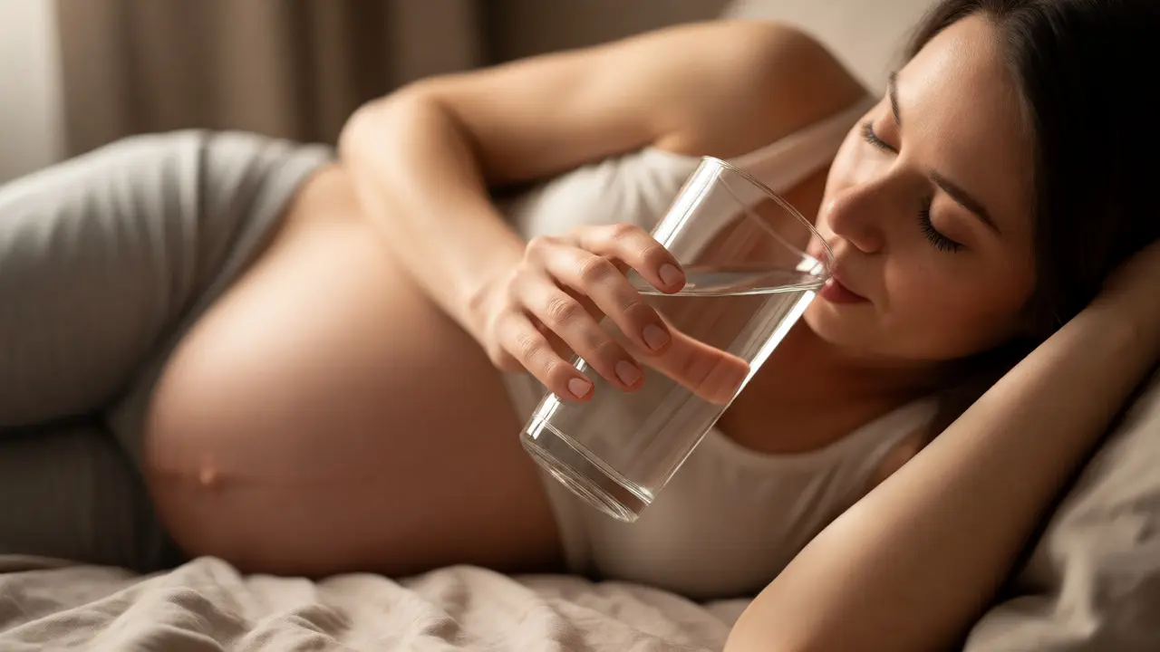 Těhotná žena ležící na levém boku pije vodu pro úlevu od stahů